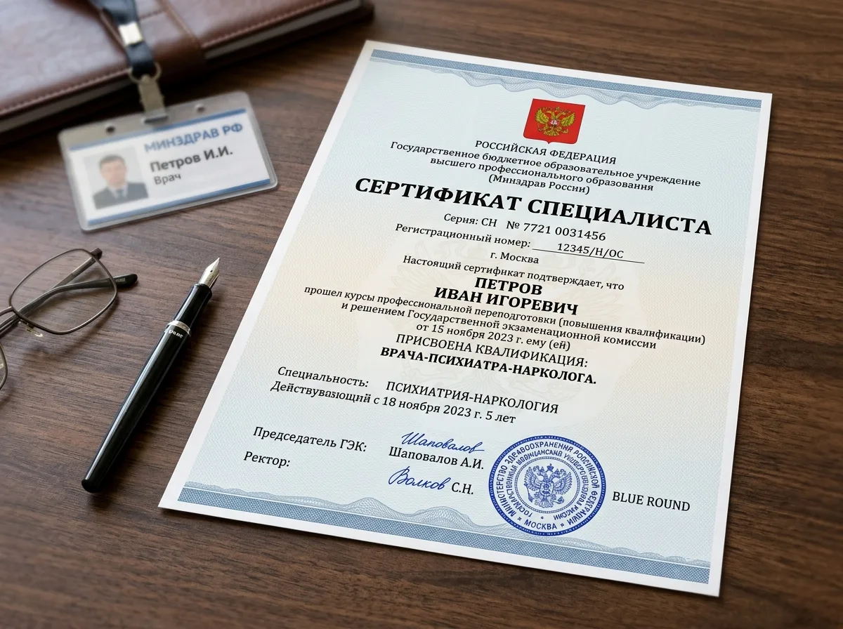 Сертификат специалиста врача-нарколога, документ с синей печатью Минздрава, профессиональная квалификация психиатра-нарколога