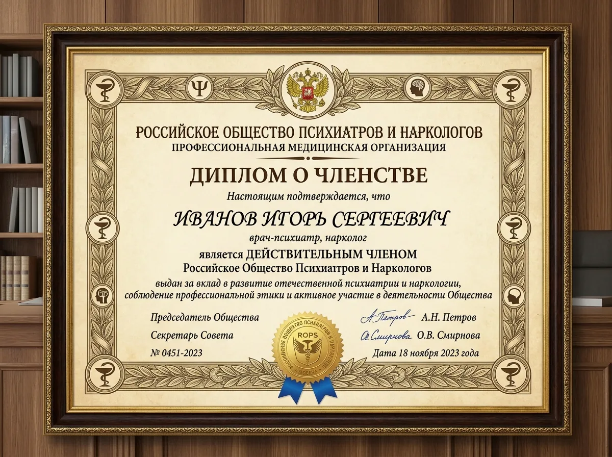 Диплом о членстве в Российском обществе психиатров и наркологов, профессиональная медицинская организация, официальный документ